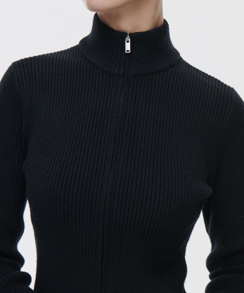 MUSINSA STANDARD WOMAN Ribbed Slim Knit Zip-Up [Black]