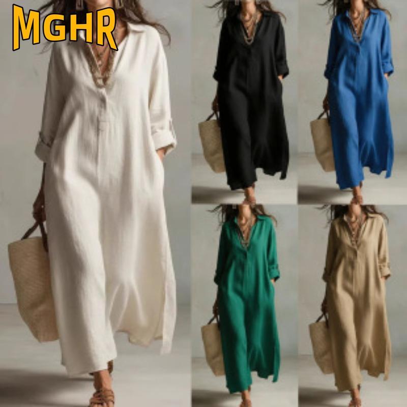 MGHR Women's Fashion Summer Spring POLO Neck Long Sleeve Solid Color Print Casual Dresses