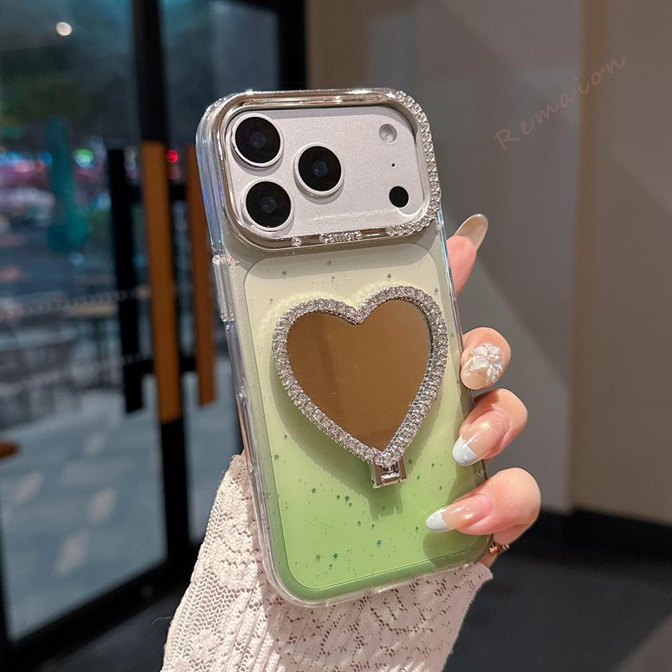 3D Зеркальный Алмазный Чехол для Телефона Для Для Iphone 1 14 12 13 16 17 Pro Max Официальный Градиентный Блестящий Блестки Сердце Защитный Чехол