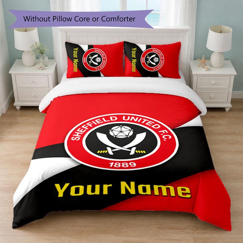 Sheffield United FC Custom Name Text Bedding Set 1 Duvet Cover+2 Pillowcases Soccer Logo Personalized Gift For Special Occasion Bedroom Decor