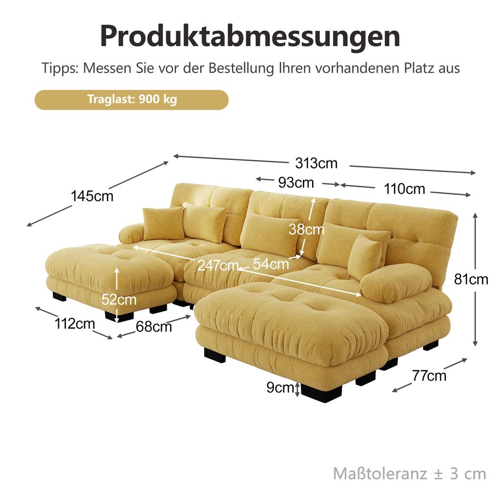 Luxurious Modular Corner Sofa - Oversized U-Shaped Cloud Couch for Living Room, Deep Seat Convertible Sleeper Sofa with Ottoman, Yellow
