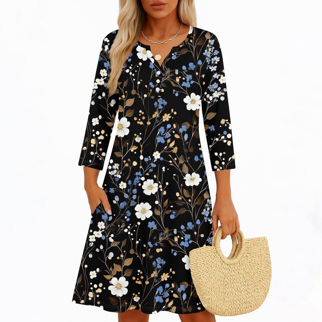 Платья для женщин Весенние сарафаны Женское повседневное платье с рукавом 3/4 V-образный вырез Бохо Платье с цветочным принтом