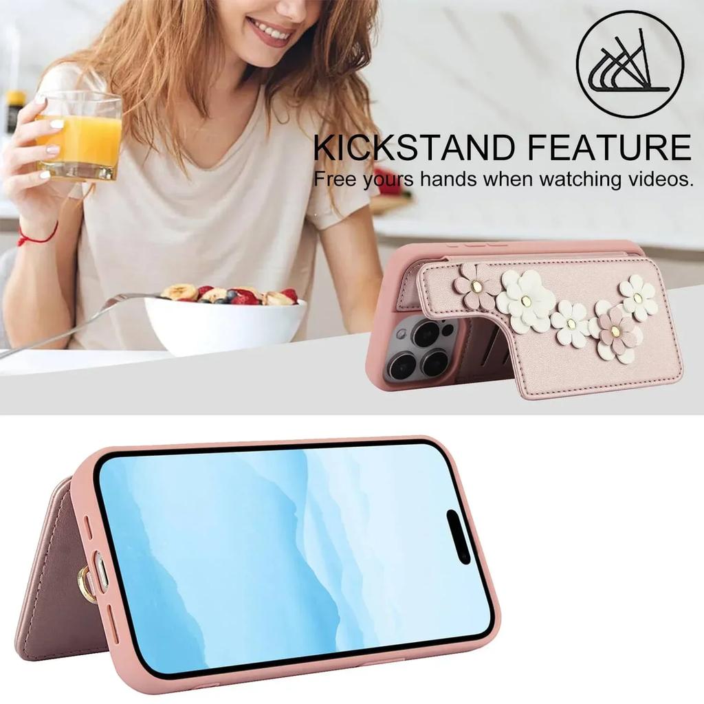 Wallet Case for iPhone 16 15 14 Pro Max Plus, Card Holder Crossbody Purse, Cute Flower Design, Magnetic Kickstand Phone Cover