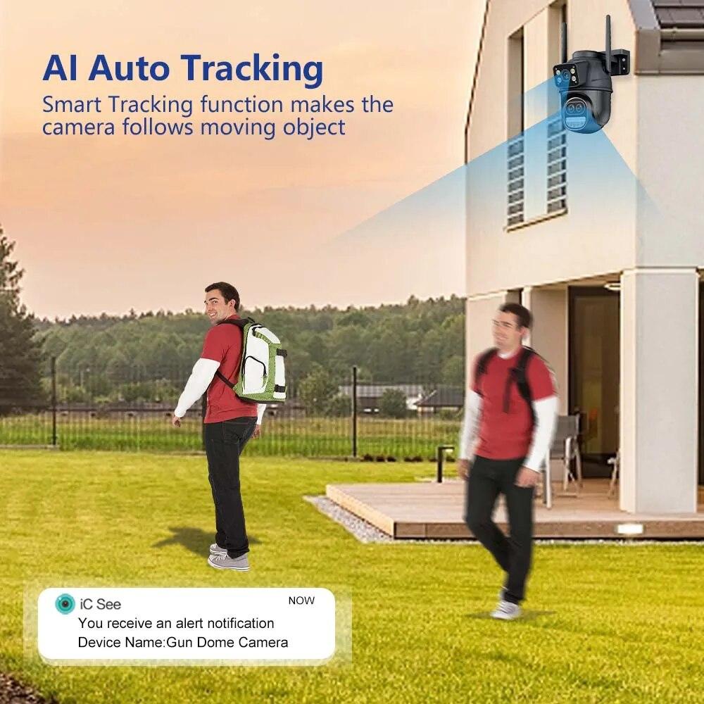 Новая IP-камера EU 12MP 6K WiFi с тремя объективами и двойным экраном, уличная PTZ-камера, 8-кратный зум, защита домашней безопасности, беспроводное Wi-Fi видеонаблюдение