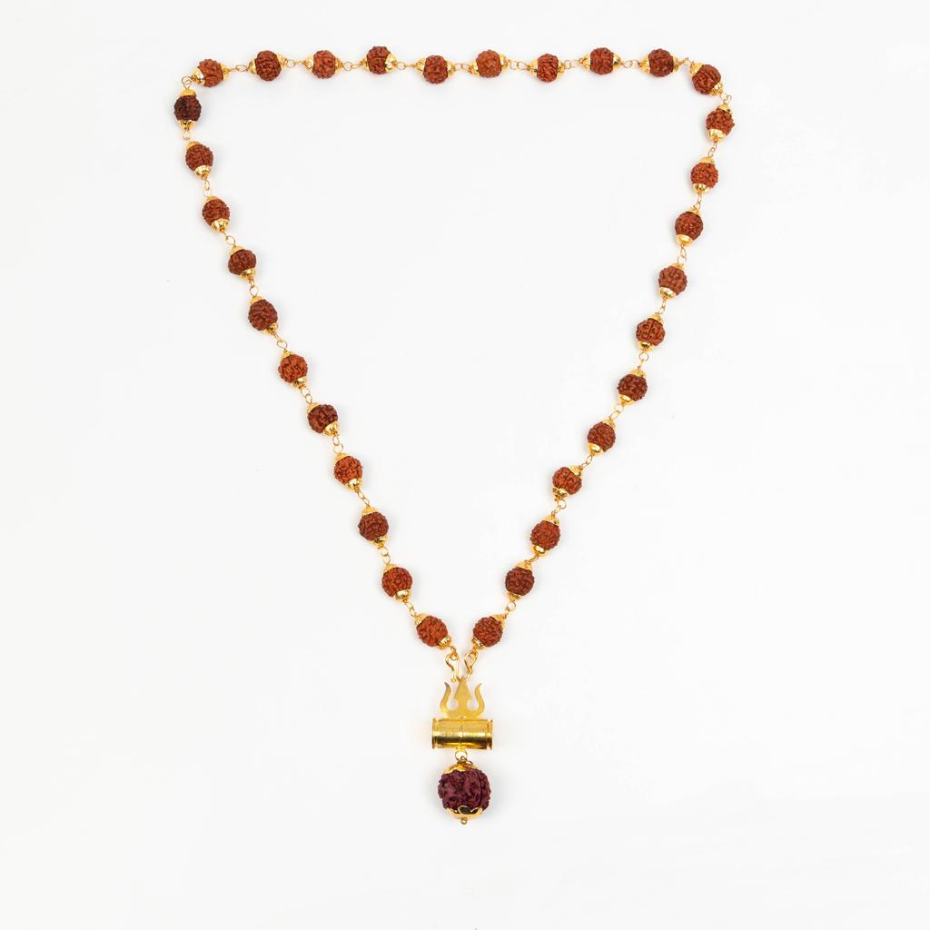 Rudraksha Mala with Brass Caps & Shiva Trishul | Natural Rudraksha Beads Necklace | Hindu Prayer Jewelry | Healing Mala | Unique Religious Gift
