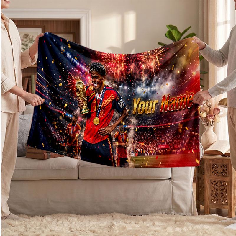 Lamine Yamal Personalized Fleece Blanket With Football Logo, Custom Name Text Soft Warm Home Throw Blanket