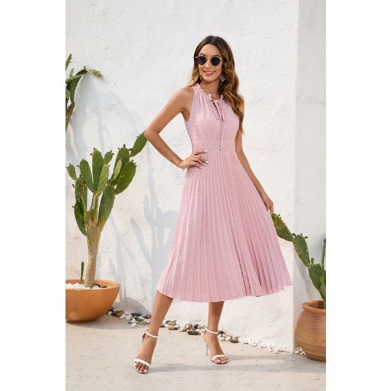Tie High Waist Pressure Pleated Sleeveless Summer Casual Vacation Travel Dresses