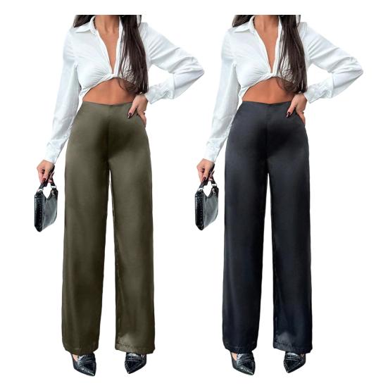 Women Pants Mid-rise Solid Color Loose Fit Wide Leg Design Long Trousers Smooth