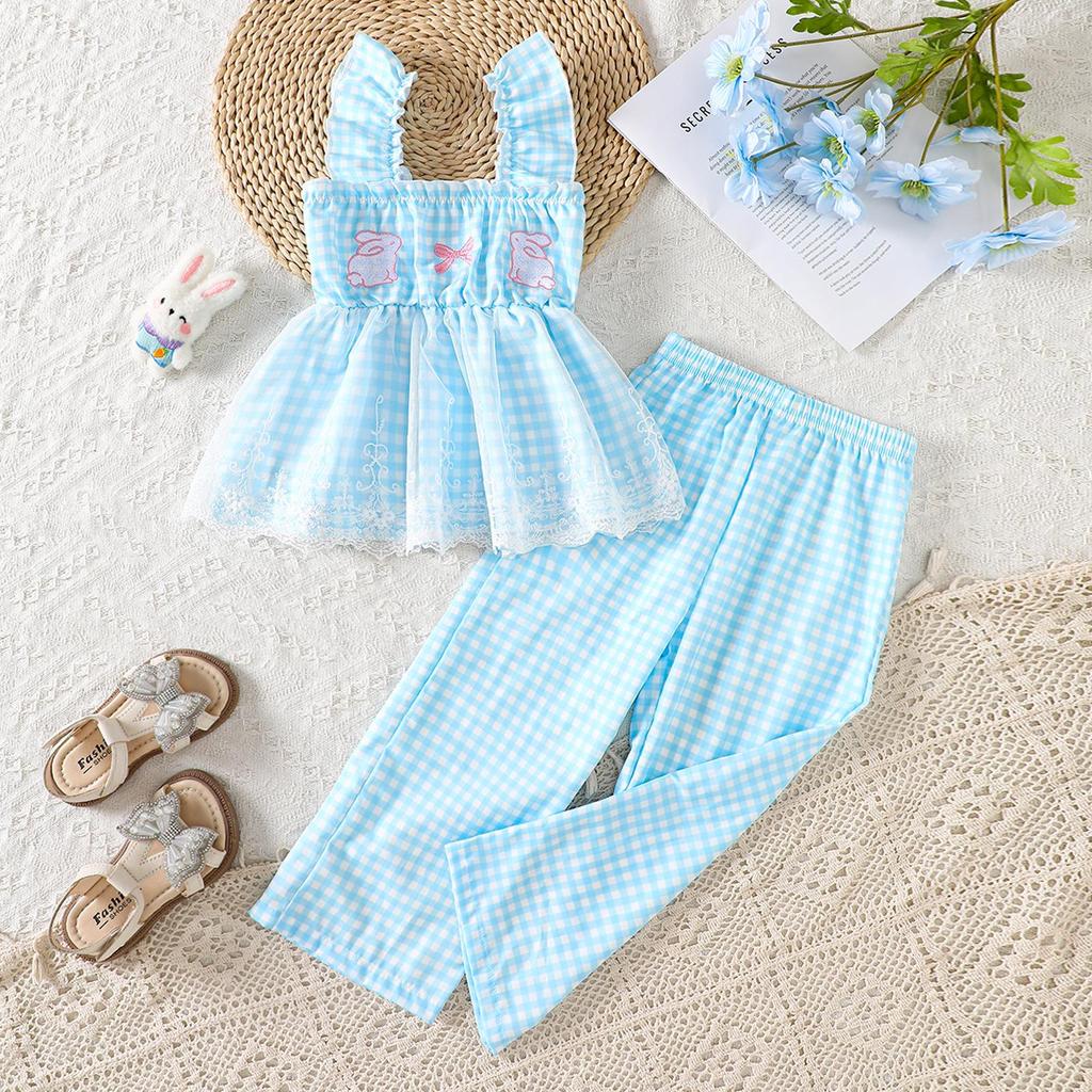 Летний сладкий набор в клетку с вышивкой кролика: Топ на бретельках и широкие брюки для девочек