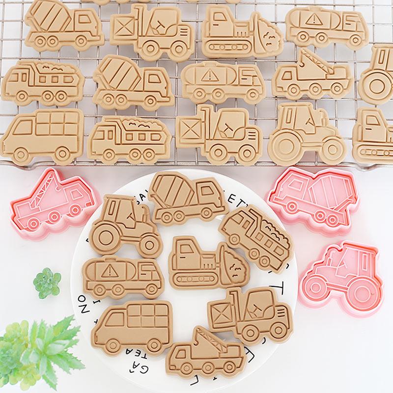 8Pcs Engineering Truck Cookie Cutter Plastic 3D Cartoon Pressable Biscuit Mold