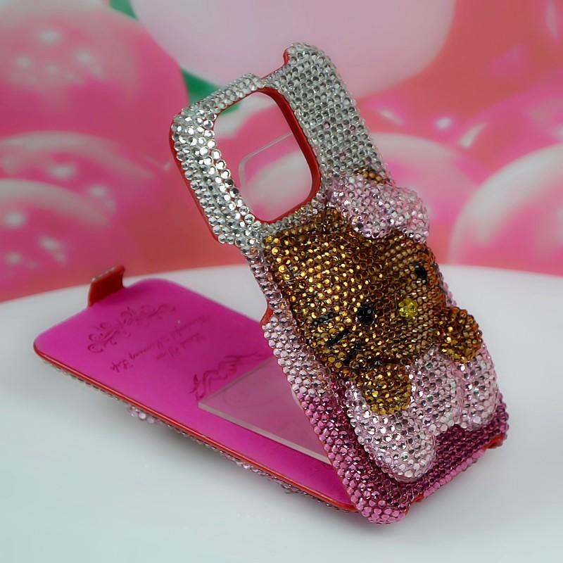 Phone Case IPhone 12 13 14 Pro Max Flip Cover Pink To Brown Gradient Cute Cat With Rhinestones Shockproof