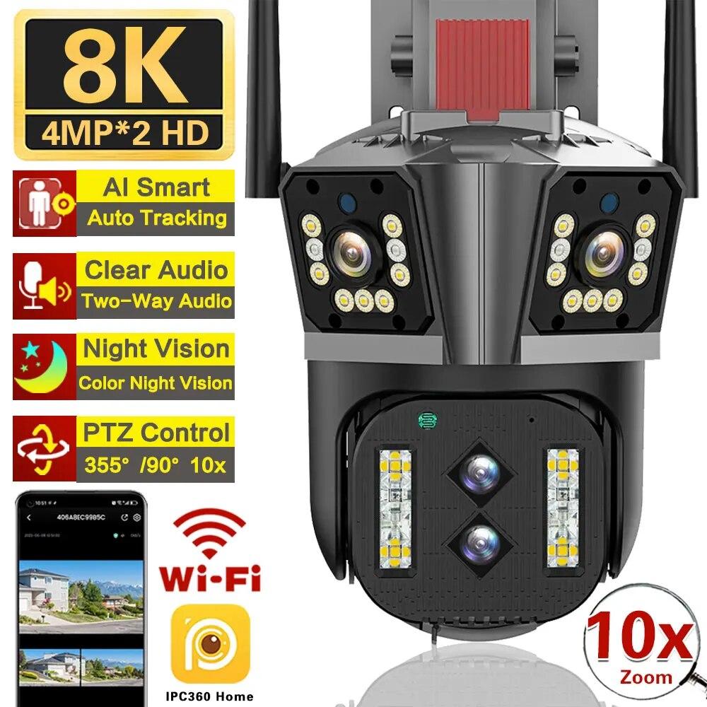 LS VISION 16MP 8K IP Camera 10X Zoom Outdoor Four Lenses Three-Screen PTZ WiFi Camera Security Protection CCTV Color Night Vision Cam Home Security