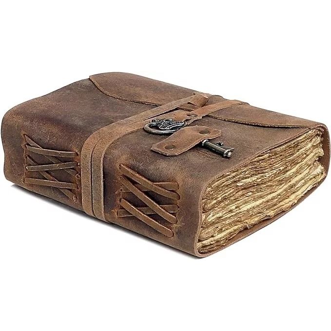 Vintage Leather Journal - Antique Handmade Leather Bound Journal with Deckle