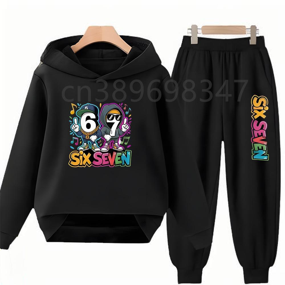 TZWYChildren's Hoodie Set 67 Number 3-12 Years Kids Girls Boy Black Tops+Pants Leisure Outerwear Sweatshirt Printing Clothing