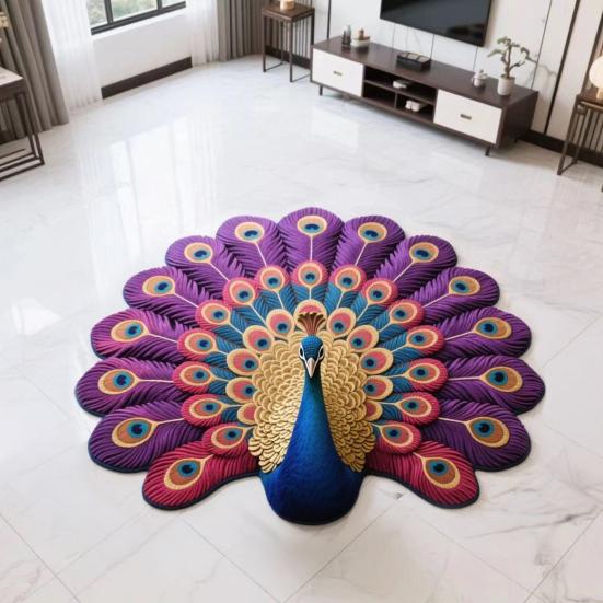 Yousheng Floor Mat Colorful 3D Peacock Design Quick-Drying Crystal Velvet Soft Absorbent Bath Rug Anti-slip Backing Easy Care Bathroom Mat