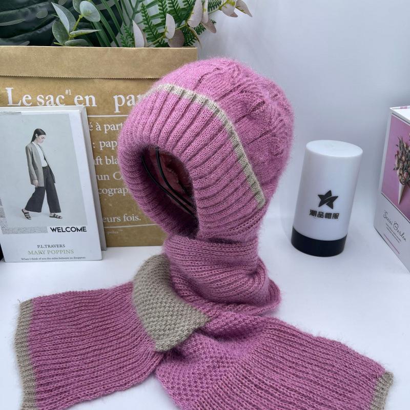 Hat Female Autumn and Winter Warm Knitted Wool Snow Hat Cycling Mother Fashion Ear Protection Headgear Scarf Integrated Hat
