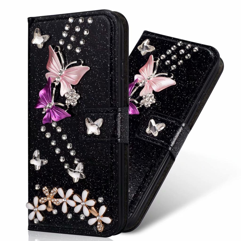 Applicable to iPhone17ProMax colorful butterfly diamond mobile phone case Apple 16 leather case glitter butterfly point diamond protective case