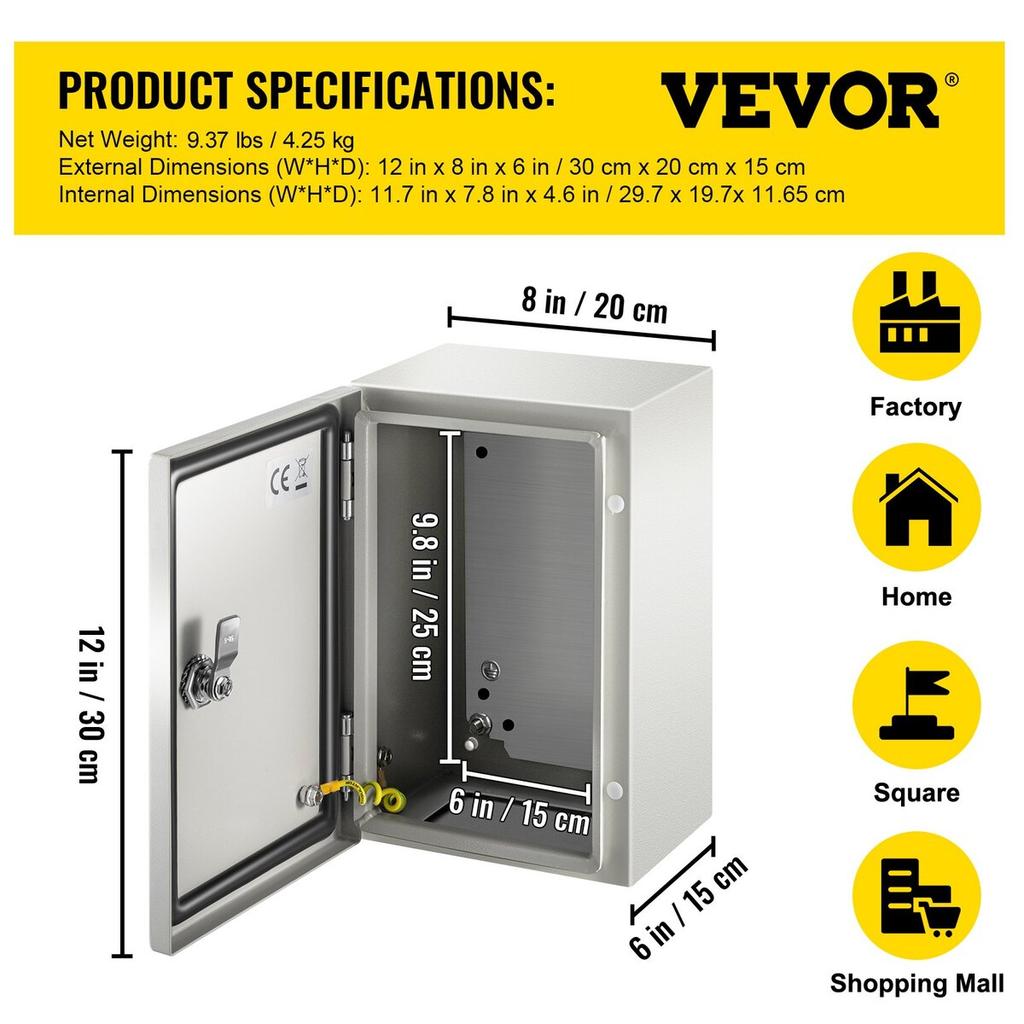 NEMA Steel Enclosure ,12 x 8 x 6\'\' NEMA 4X Steel Electrical Box, IP66 Waterproof & Dustproof, Outdoor/Indoor Electrical Junction Box, with Mounting