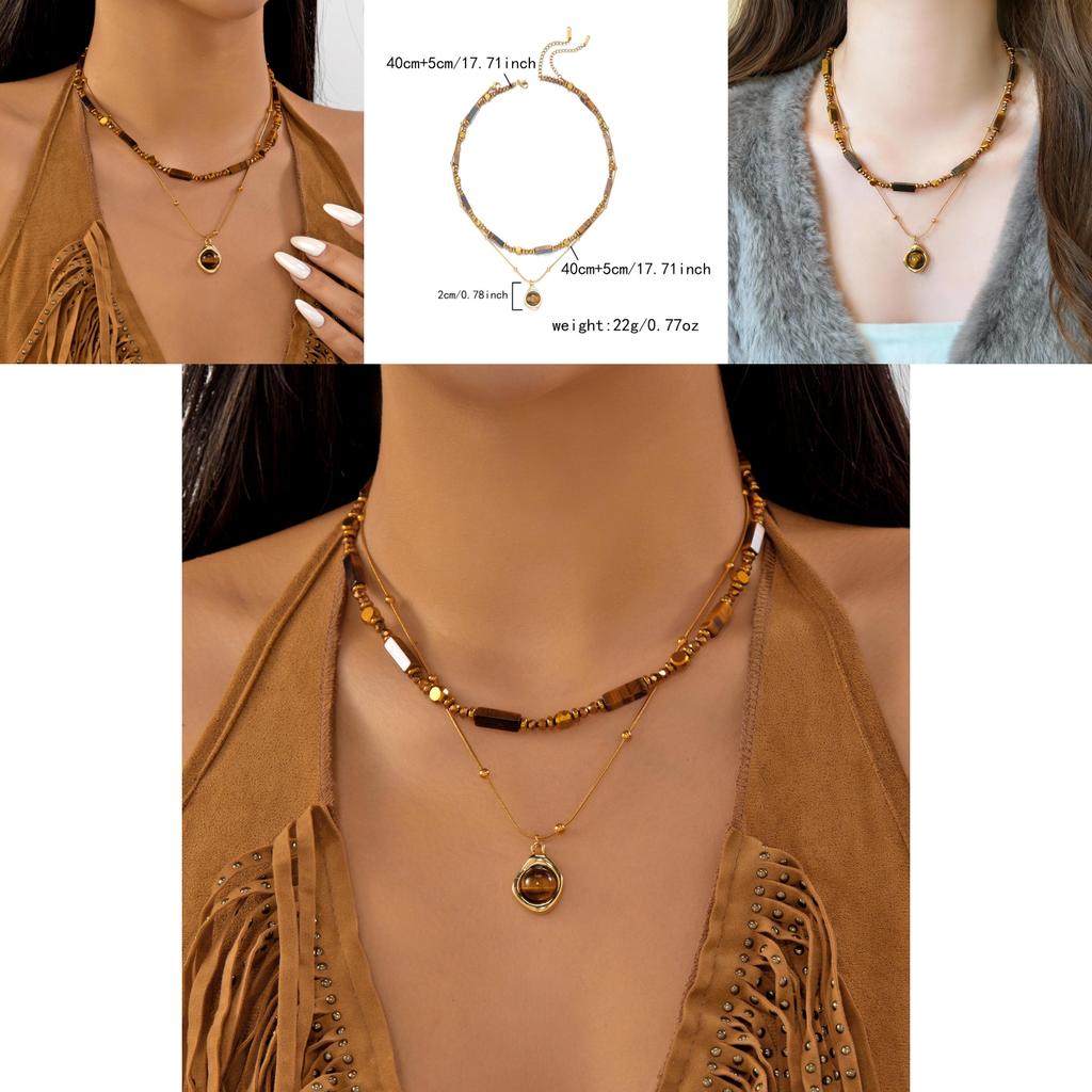 Tiger Eye Beaded Necklace With Steel Pendant Geometric Design For Fashion Casual Wear