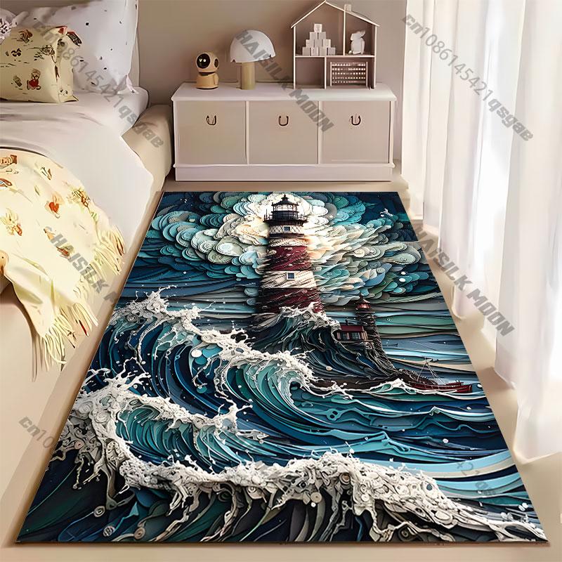 Lighthouse storm waves swirling sky carpet Yoga living room room decor children's crawling mat doormat area rug games mat