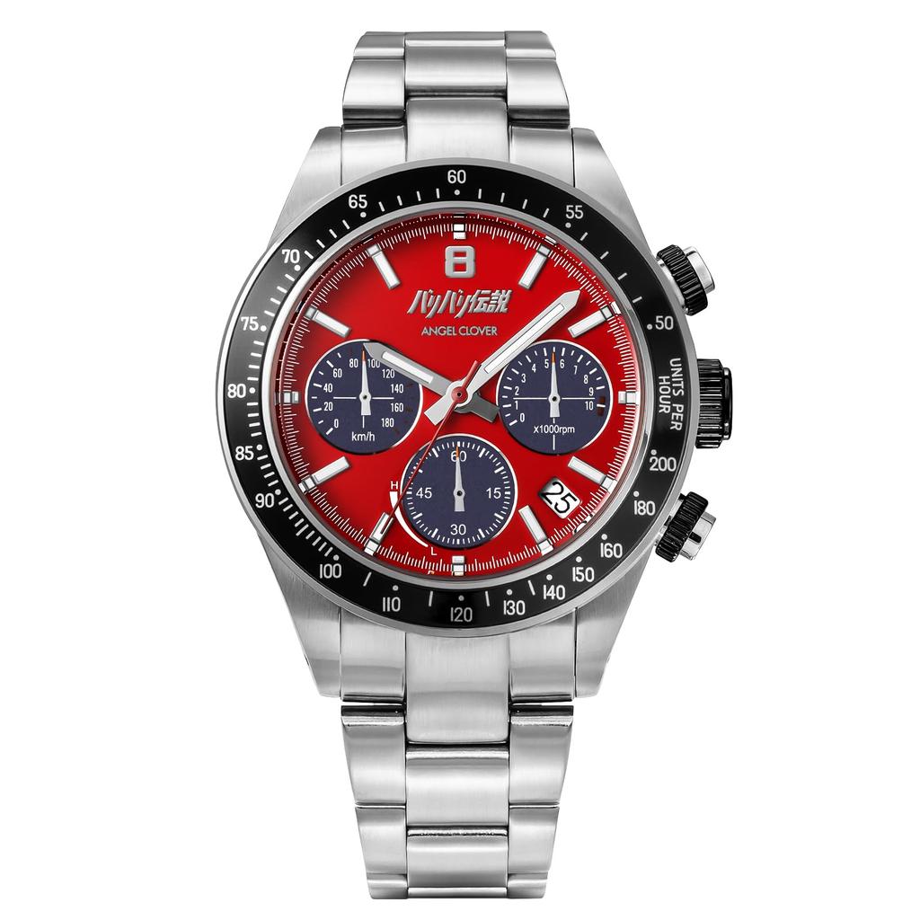 Angel Clover Bari Bari Densetsu Guntoku Koma Honda CB750F Chronograph Men's Watch BA40GUN Solar Quartz Red Dial Stainless Steel 40mm 10ATM