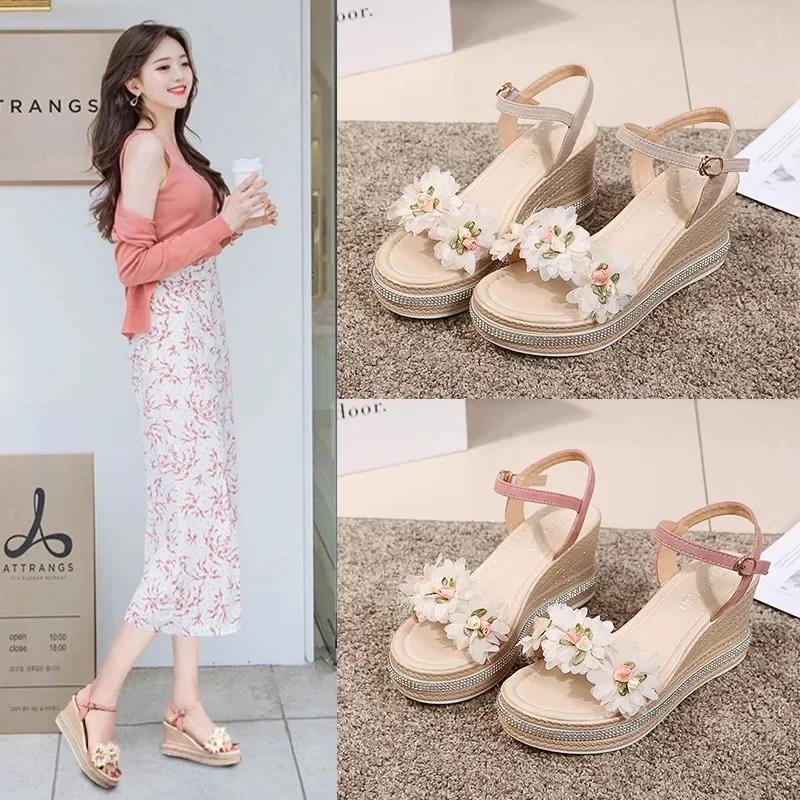 New Female Ankle Strap Buckle Rhinestone Crystal Sandals  Summer Women Round Toe High Heels Fashion Ladies Wedges Shoes Gold