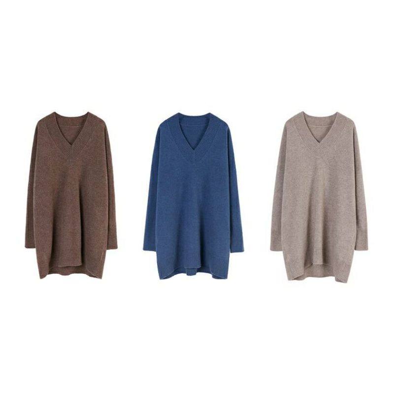 Tooxika Women's Autumn And Winter New Sweater V-neck Knitted Sweater Loose Large Size Solid Color Medium And Long Sweater For Women