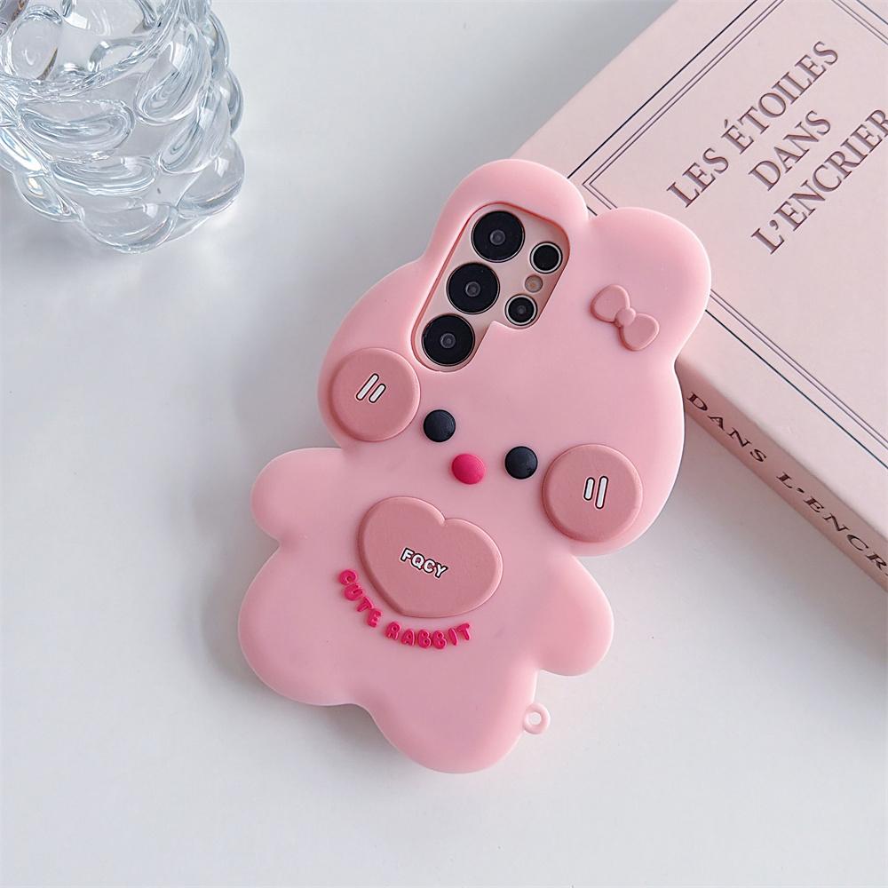 Милый Kawaii 3D Розово-белый Бантик Кролик Чехол для Телефона для SamSung Galaxy S26 Ultra S25 S23 A57 A56 Силиконовый Милый Кролик Защитная Крышка
