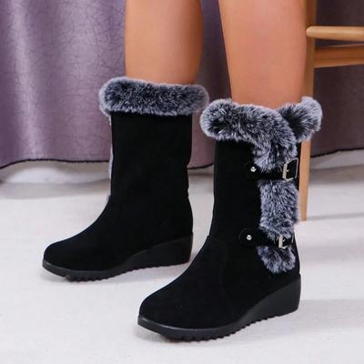 2024 Большие размеры Женская обувь Женские сапоги до середины икры Теплые современные сапоги Женские туфли с пряжкой на ремне и круглым носком на танкетке Слипоны Женские