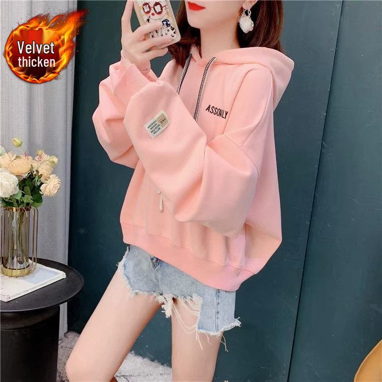 2026 Women's Plus Size Velvet Hooded Sweatshirt - Trendy Autumn/Winter Loose Top Jacket