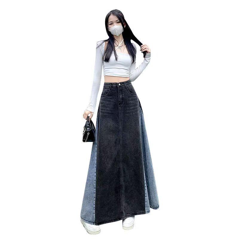 Ретро Джинсовая Юбка Миди А-силуэта в Лоскутном Стиле - Весна 2025 Женская Приталенная Модель с Цветным Блочным Дизайном