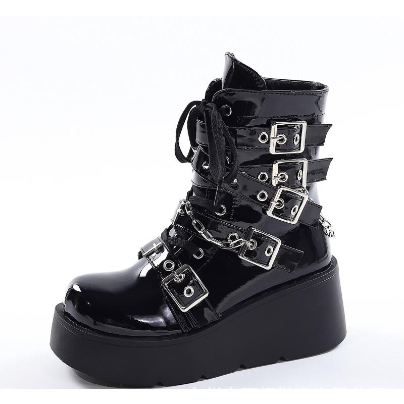 Модные лакированные кожаные ботильоны в стиле панк с металлической цепочкой, женские зимние дизайнерские ботинки на массивной платформе 2024 года, женские черные туфли в стиле готической Лолиты
