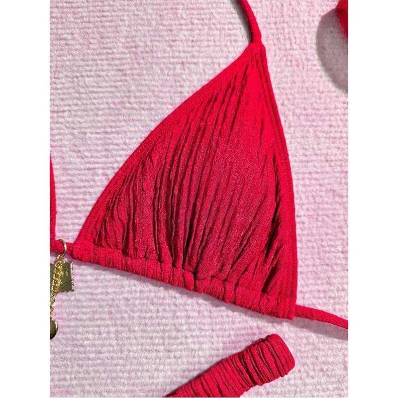 Розовый текстурированный треугольный бикини-комплект с подвеской, стринги, купальник из двух частей