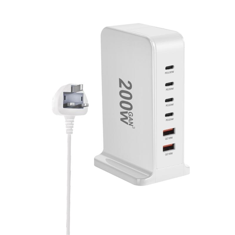 Зарядное устройство USB C 200 Вт Блок быстрой зарядки 6-портовая зарядная станция Кирпичик Зарядное устройство для ноутбука 2 USB+4 Type C для путешествий дома
