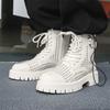 Мужские белые высокие кожаные ботинки 2024 года, новые зимние рабочие ботинки для ходьбы, ботинки на толстой подошве в британском стиле с выемками