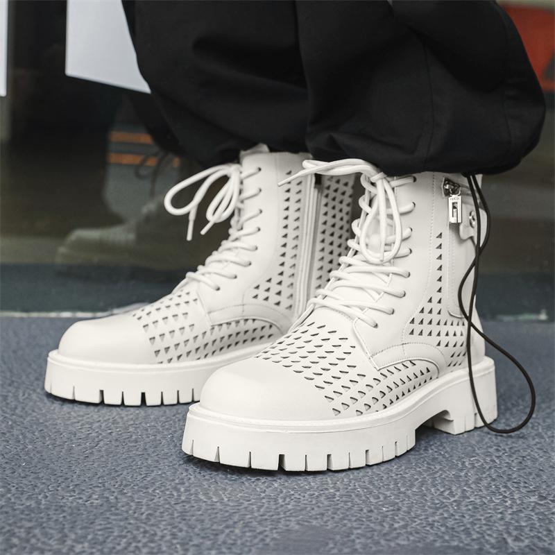 Мужские белые высокие кожаные ботинки 2024 года, новые зимние рабочие ботинки для ходьбы, ботинки на толстой подошве в британском стиле с выемками