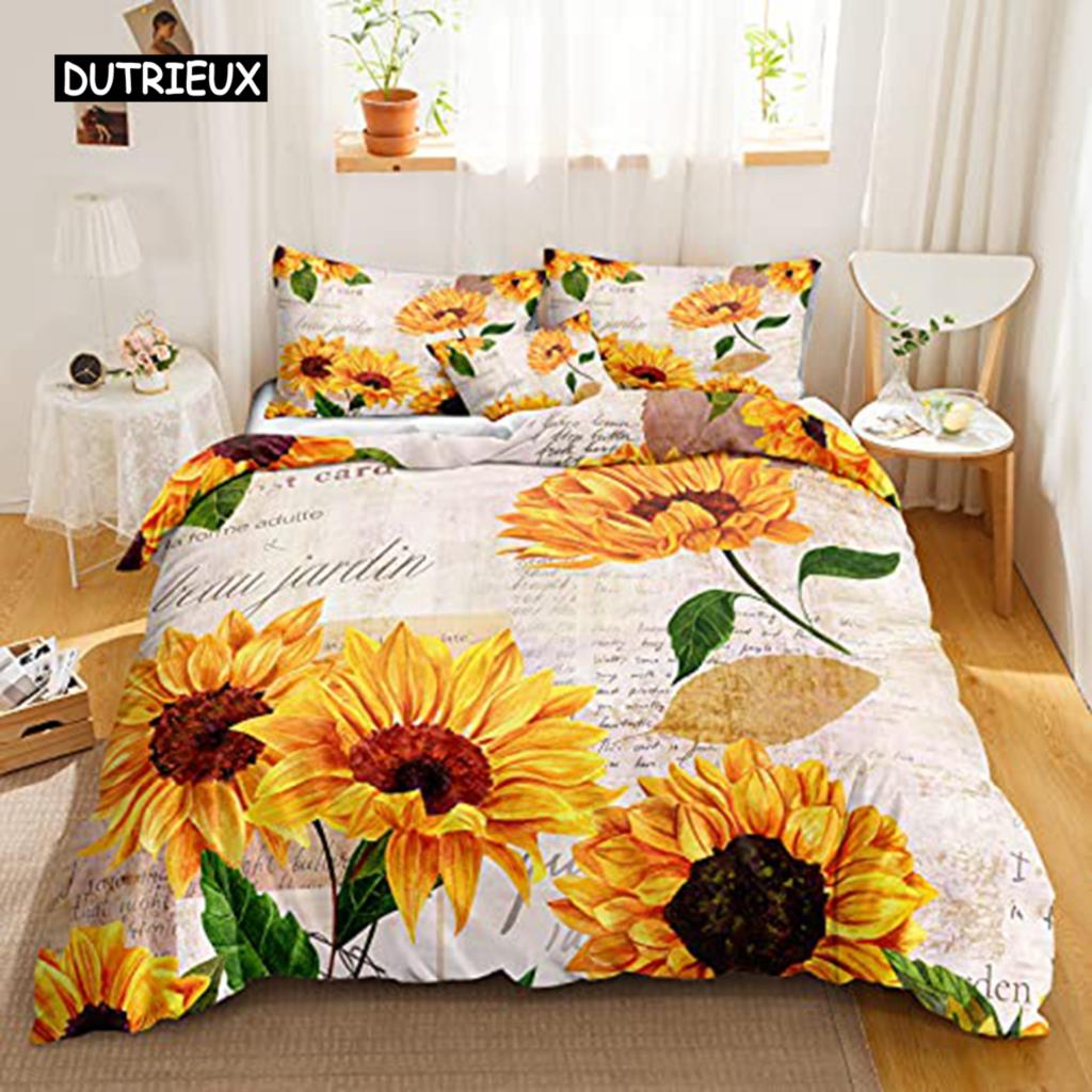 Комплект постельного белья с желтыми цветами Постельное белье с изображением подсолнухов Поля подсолнухов с напечатанными на них ботаническими цветами на закате Комплект постельного белья из полиэстера