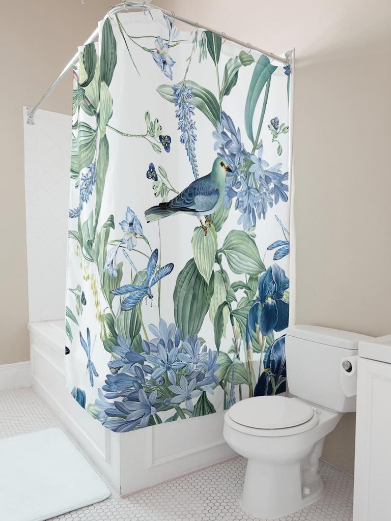 Elegant Blue Bird And Flower Shower Curtain Nature-Inspired Bathroom Decor With Vibrant Colors And Detailed Patterns Easy-Clean