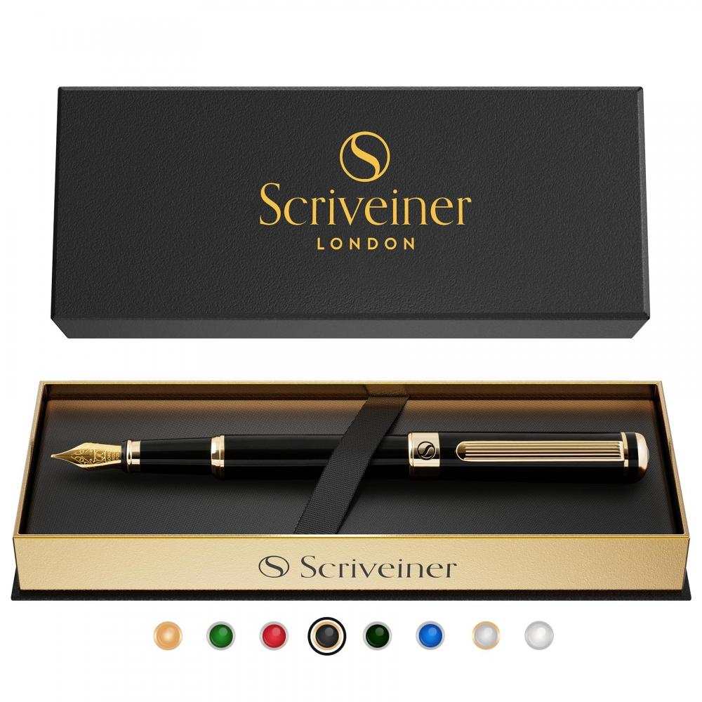 Black Lacquer Fountain Pen by Scriveiner. - Luxury Fountain Pen with 24K Gold Finish of Attractive Beauty, Schmidt 18K Gold Plated Nib (wide), Elegant