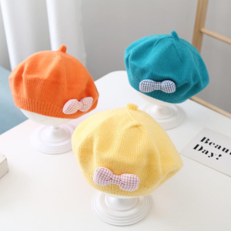 Fashion Baby Hat Solid Color Flower Girls Warm Beret Vintage Knitted Beret Hat Kids Autumn Winter Children Artist Painter Cap