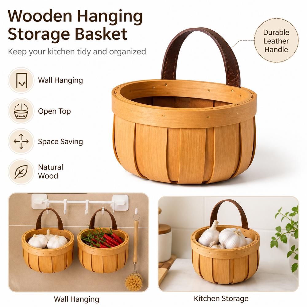 Handwoven Garlic Onion Holder Wood Decorative Storage Container  Pantry Organizing