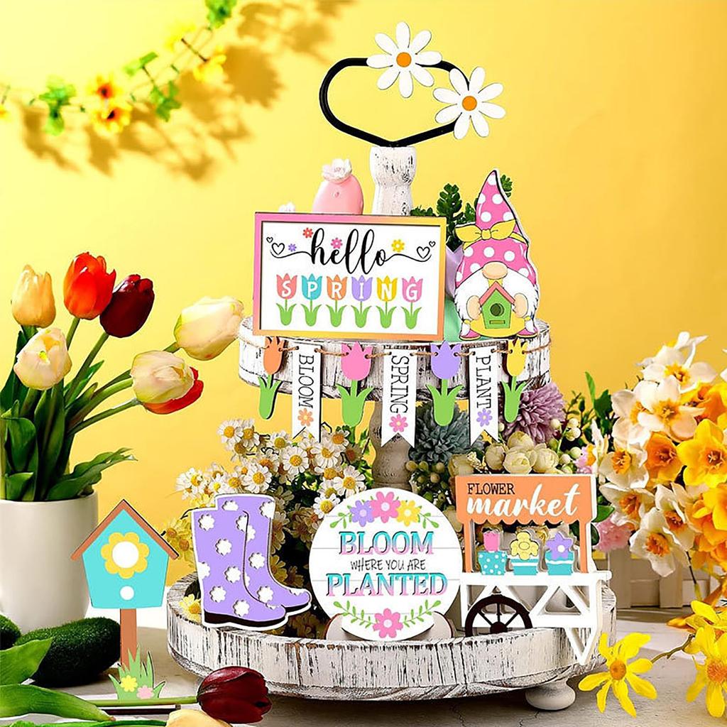 Креативный набор для декора многоярусных подносов «Весенний садовый гном» — настольная деревянная поделка, деревенская цветочная подставка для весны
