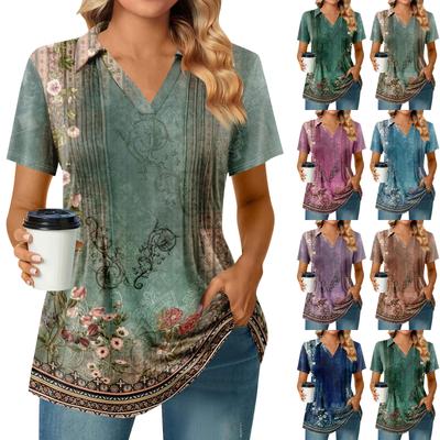 Женские футболки с коротким рукавом, плиссированные, с V-образным вырезом, с принтом, с воротником, летние топы, модные, деловые, повседневные, рабочие