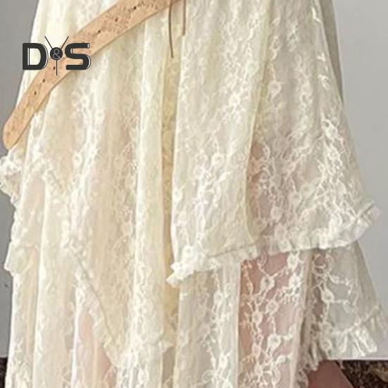 Ретро-юбка с эластичной высокой талией, кружевная юбка нестандартного дизайна, длинная юбка-миди во французском стиле с вышитым кружевом и цветочным узором