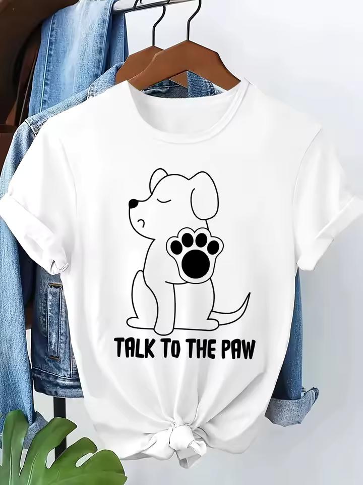 "Talk To The Paw" Cartoon Dog Art Print Tee 90s Cat Women's Casual Y2K Short Sleeve Round Neck Cute Minimalist High Quality Top
