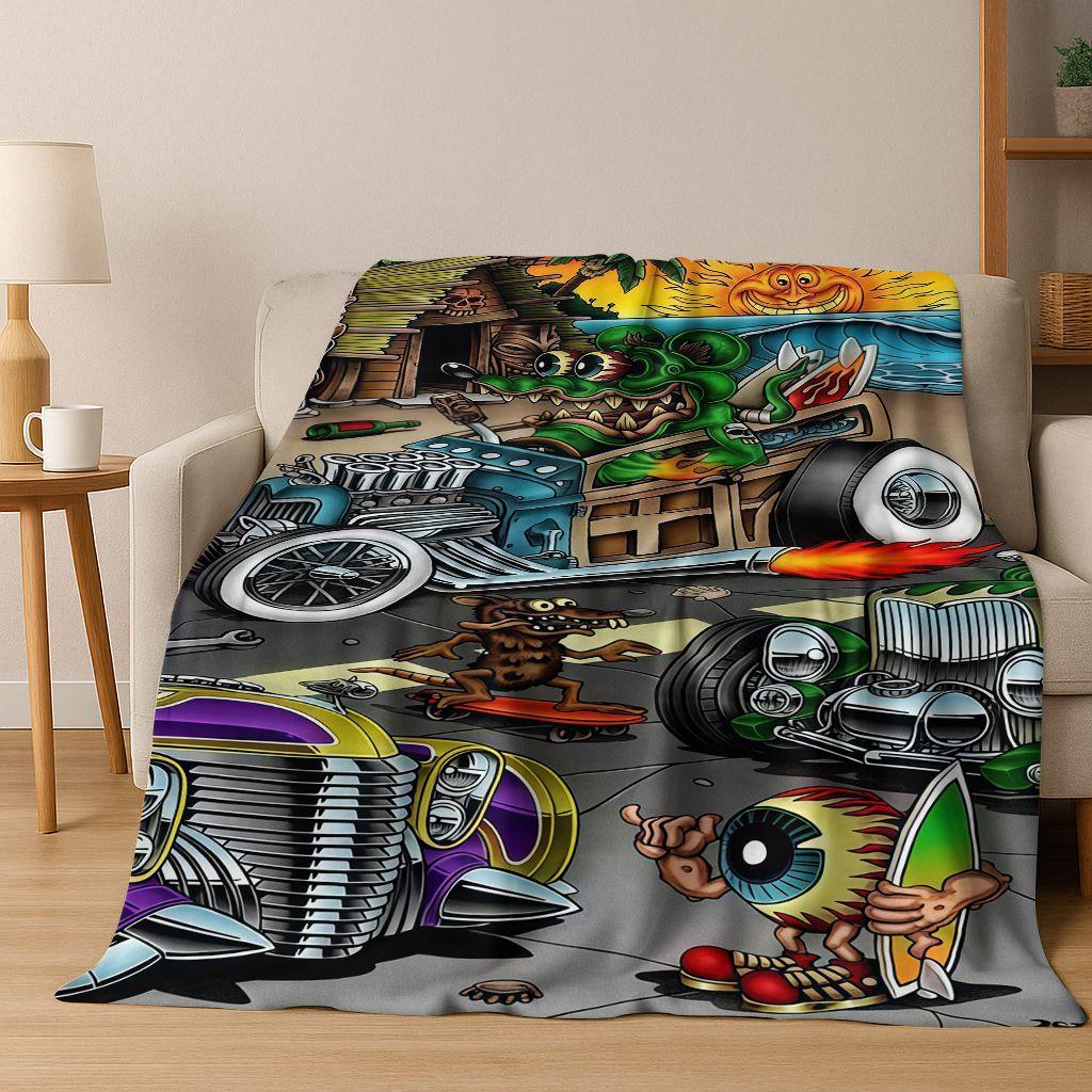 3D Бунтарский RAT FINK Автомобильный Знак Мультяшное Фланелевое Одеяло, Теплое и Уютное Мягкое Плед для Дома Спальни Кровати Дивана Покрывало для Пикника