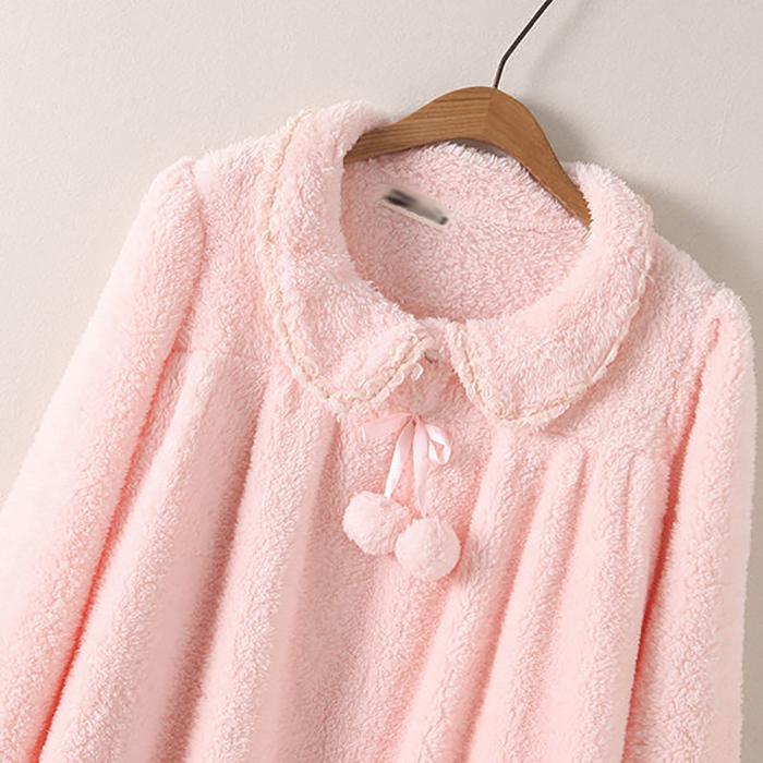 Autumn Winter Flannel Long Skirt Nightdress Women's Long Over The Knee Large Size Loose Solid Color Pompom Pajamas Home