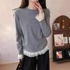 Spring 2025 Versatile Lace Patchwork Long Sleeve Knit T-Shirt