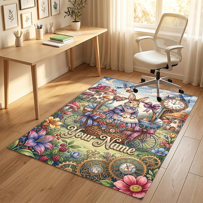 Easter Bunny Theme Crystal Velvet Rug Personalized Custom Name Text Soft Floor Mat Home Decor