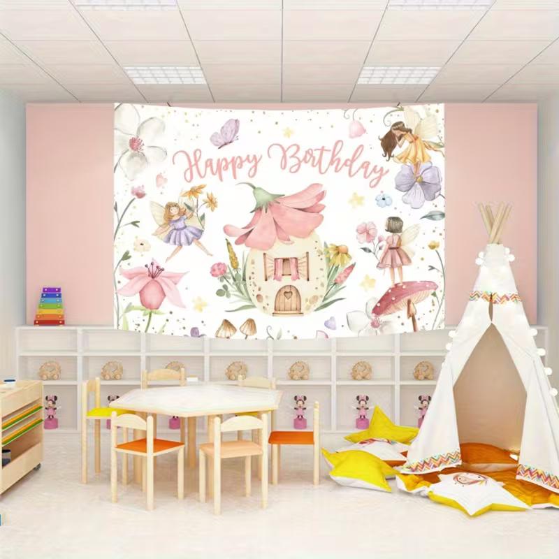 2D Девочки-Феи Настенный Гобелен на День Рождения, Акварельные Цветочные Феи и Цветочный Дом, Магический Декор для Дня Рождения